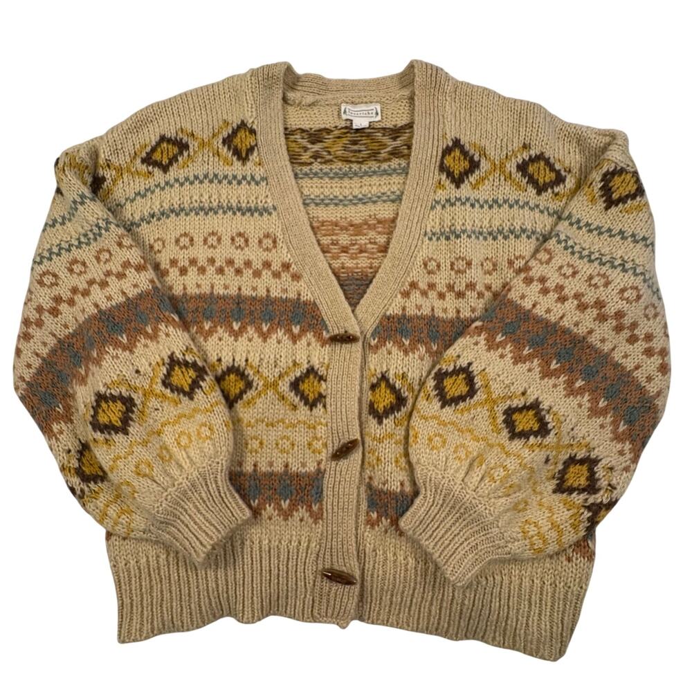 Loveriche V-neck Cardigan Sweater Women's L Tan Southwestern Fair Isle